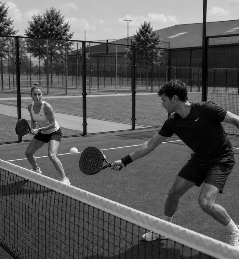 Zwei Padelspieler im Ballwechsel am Netz